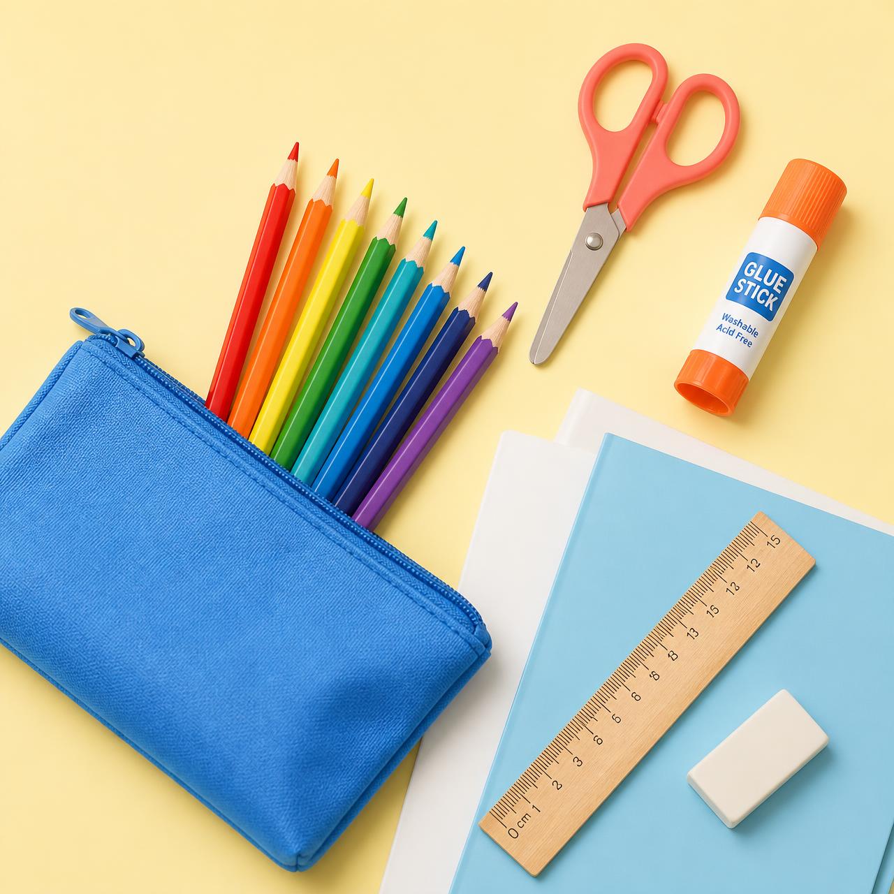 A flat lay of school supplies: pencil pouch, colored pencils, scissors, glue stick, folders, ruler